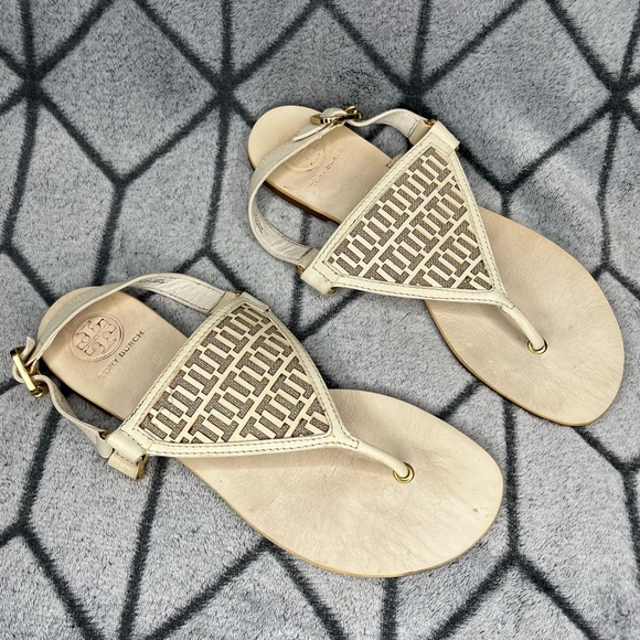 Tory Burch Leather Off White Gold Logo Thong Sandal Flip Flops - Picture 1 of 6